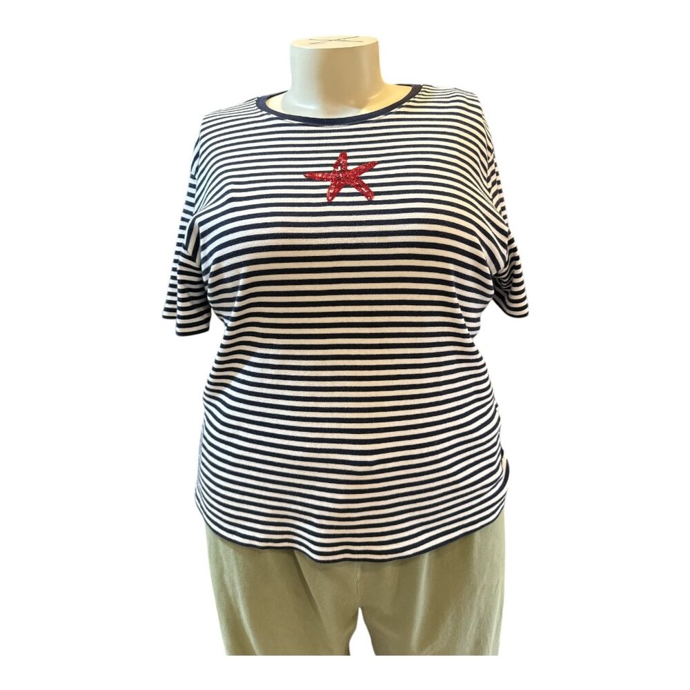 Talbots Size 3X Blue & White Stripe w/ Red Sequin Star 100% Pima Cotton Blouse